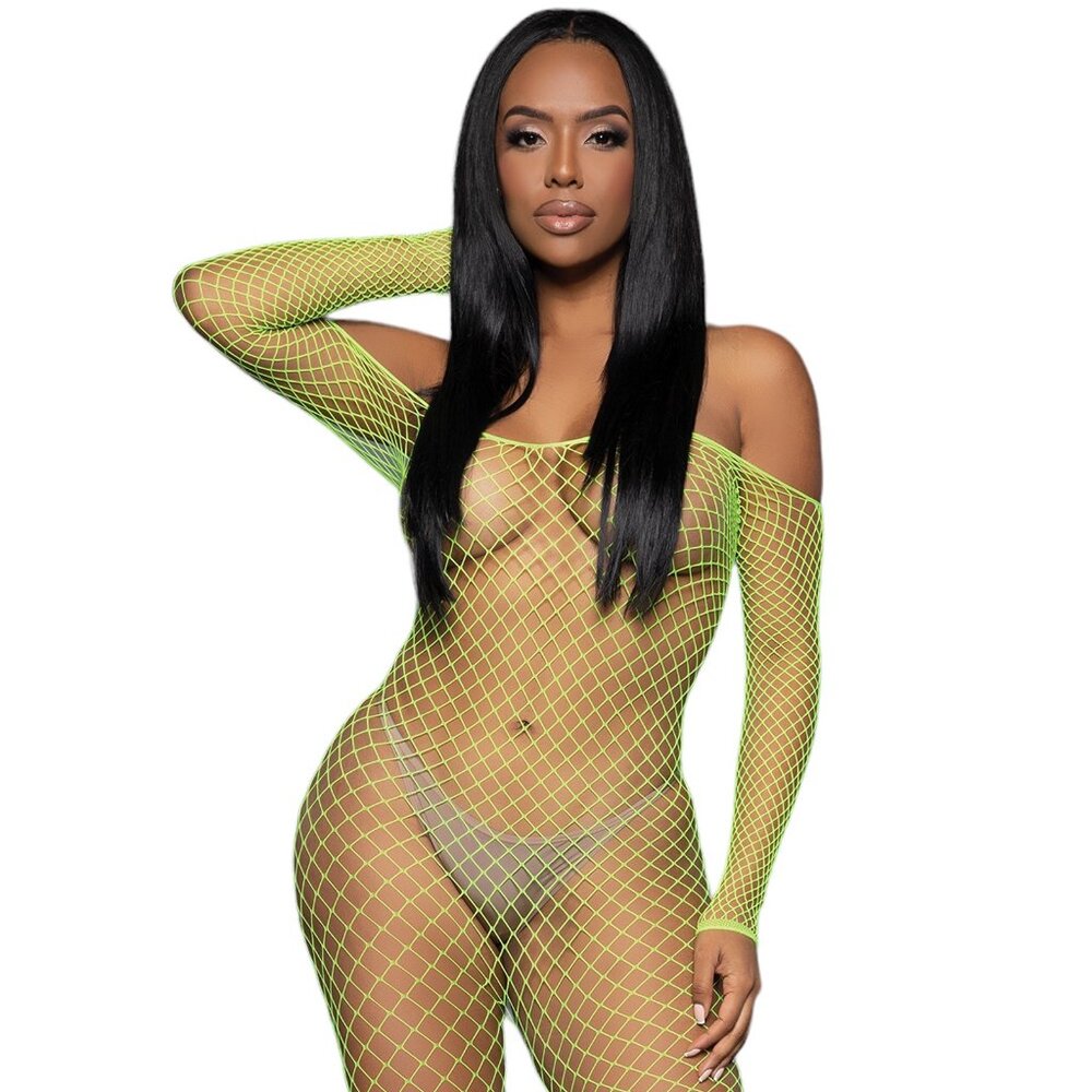 Off the Shoulder Long Sleeve Fishnet Bodystocking - Neon Green
